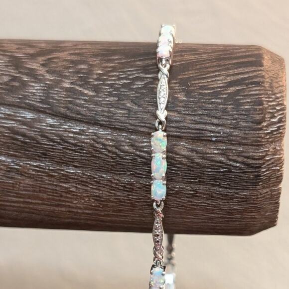 925 Sterling Silver Delicate Opal October Birthstone Tennis Bracelet - Picture 4 of 6